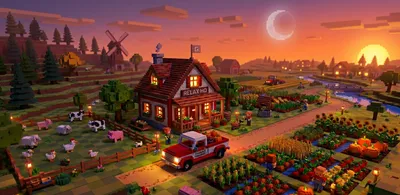 Early artwork for our farming game: a voxel farmhouse at sunset surrounded by fields and animals